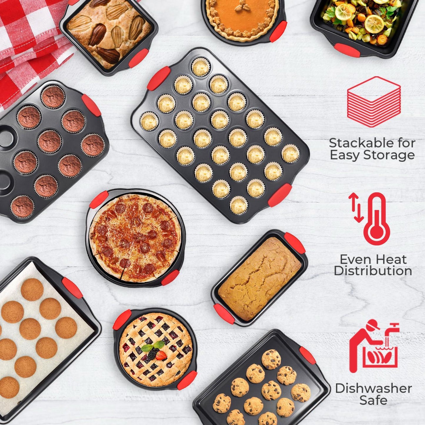 Perlli Baking Pan 10 Piece Set Nonstick Carbon Steel Oven Bakeware Kitchen Set with Silicone Handles, Cookie Sheets, Round Cake Pans, Square Pan, Loaf Pan, Roasting Pan, Pizza Crisper, Muffin Pans - CookCave