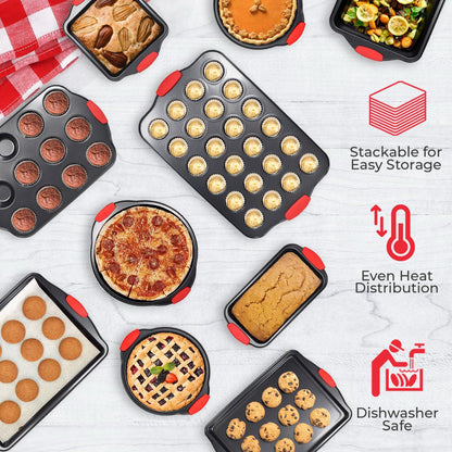 Perlli Baking Pan 10 Piece Set Nonstick Carbon Steel Oven Bakeware Kitchen Set with Silicone Handles, Cookie Sheets, Round Cake Pans, Square Pan, Loaf Pan, Roasting Pan, Pizza Crisper, Muffin Pans - CookCave