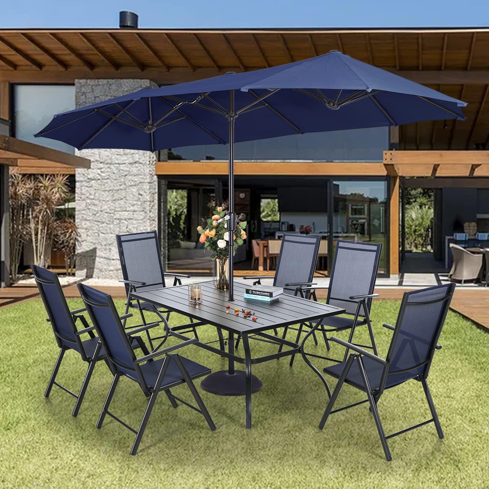 Sophia & William 7 Pieces Patio Furniture Set with 13 Ft Navy Double-Sided Umbrella, Outdoor Sling Folding Dining Chairs & Metal Table Set, Navy 7 Levels Adjustable Patio Chairs for Porch Backyard - CookCave