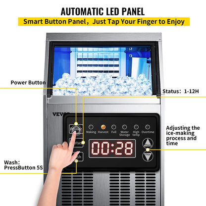 VEVOR 110V Commercial Ice Maker 90-100LBS/24H with 33LBS Bin Full Heavy Duty Stainless Steel Construction, Automatic Operation, Clear Cube for Home Bar, Include Water Filter, Scoop, Connection Hose - CookCave