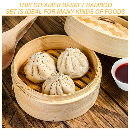 Domensi 12 Pcs Bamboo Steamer Basket Set, Includes 10 Inch 2 Tier Bamboo Steamer for Cooking, 4 Pairs Chopsticks, 4 Sauce Dish, 2 Silicone Liners, 1 Bamboo Tongs for Dim Sum Dumplings Fish Rice Foods - CookCave