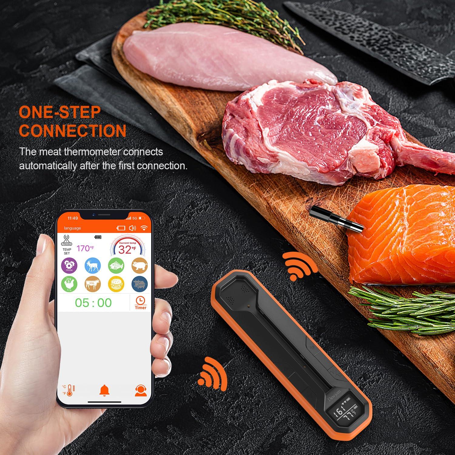 Dewjom Wireless Meat Thermometer – Digital Cooking Thermometer with Wireless Probe – 500Ft Remote Range Food Thermometer – with iOS & Android Read App -Preprogrammed Temperatures for BBQ, Oven, Grill - CookCave