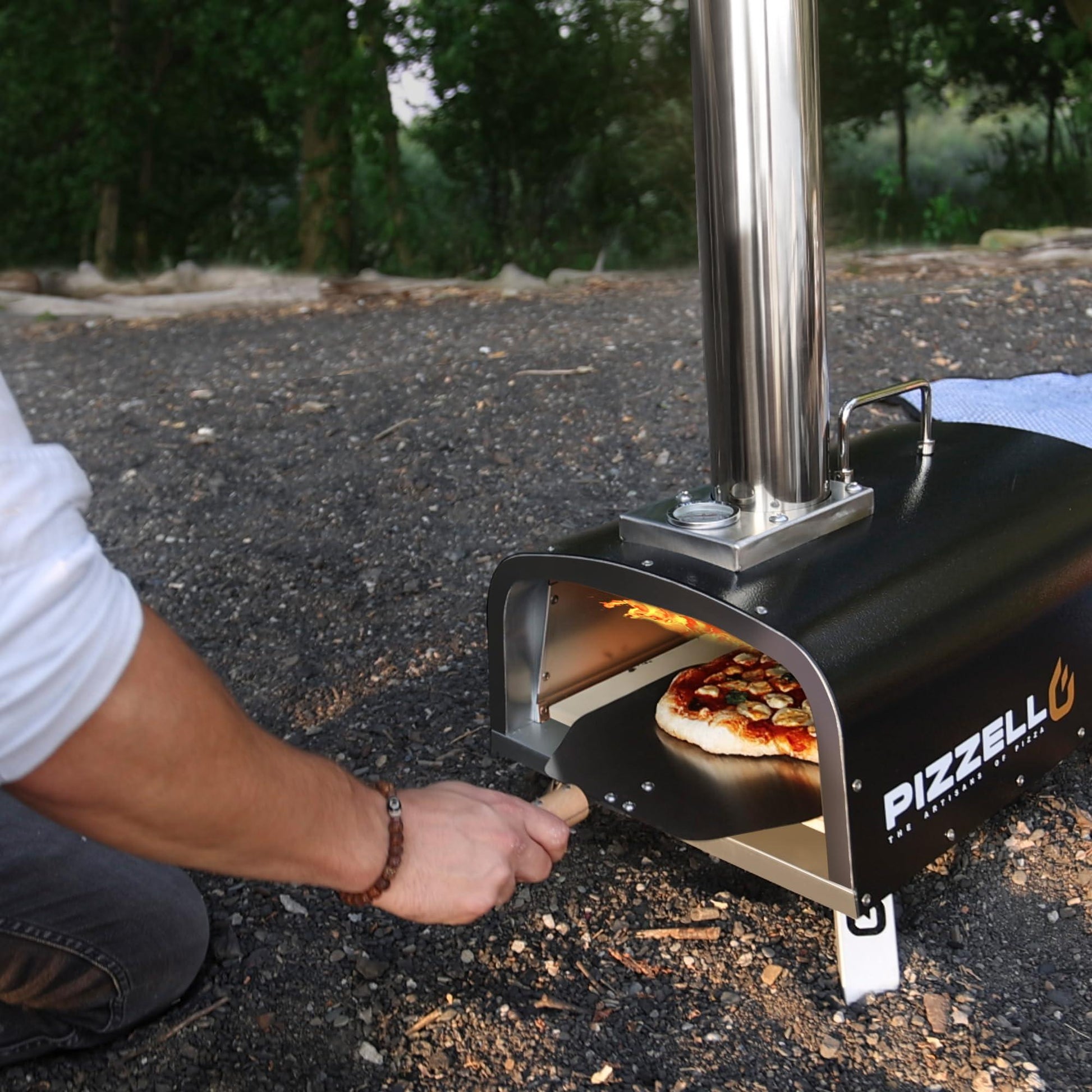 PIZZELLO Portable Pellet Pizza Oven Outdoor Wood Fired Pizza Ovens Included Pizza Stone, Pizza Peel, Fold-up Legs, Cover, Pizzello Forte (Black) - CookCave