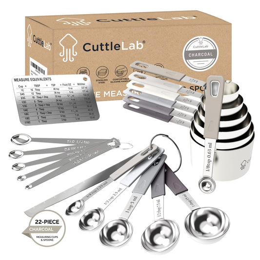 CuttleLab 22-Piece Stainless Steel Measuring Cups and Spoons Set, Tad Dash Pinch Smidgen Drop Mini Measuring Spoons, Measuring Stick Leveler, Measurement Conversion Chart Fridge Magnet, (Charcoal) - CookCave
