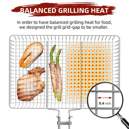 CEBERVICE Grill Basket Extra Large, SUS304 Stainless Steel, Portable Folding BBQ Camping Grilling Rack for Fish, Vegetables, Shrimp, Barbeque Griller Cooking Accessories, Grilling Gifts for Men, Dad - CookCave