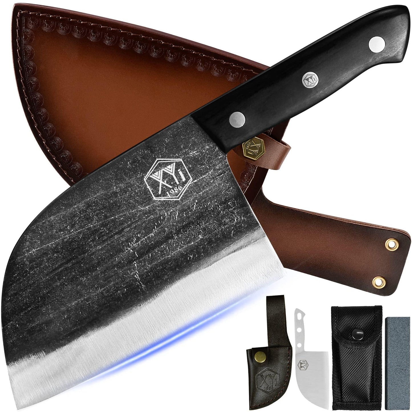 XYJ Authentic Since 1986,Outstanding Ancient Forging,6.7 Inch Full Tang,Serbian Chefs knife,Chef Meat Cleaver,Kitchen Knives,Set with Leather Sheath,Take Carrying,Butcher - CookCave