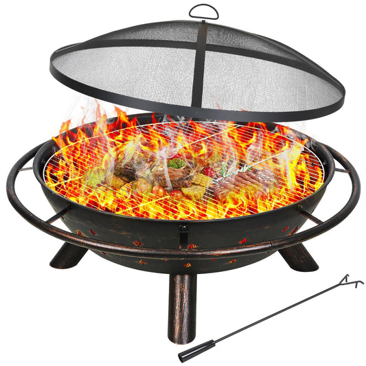 Hykolity 41" Large Size 2 in 1 Outdoor Fire Pit with Grill, Heavy Duty Steel Wood Burning Firepalce, Fire Bowl with Antiqued Copper Finish for Bonfire Patio Backyard - CookCave