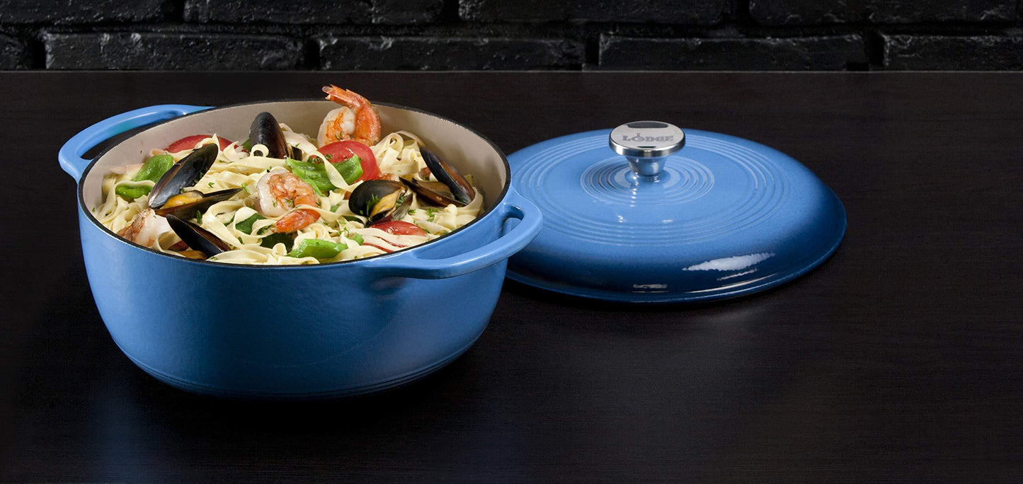 Lodge 6 Quart Enameled Cast Iron Dutch Oven with Lid – Dual Handles – Oven Safe up to 500° F or on Stovetop - Use to Marinate, Cook, Bake, Refrigerate and Serve – Blue - CookCave