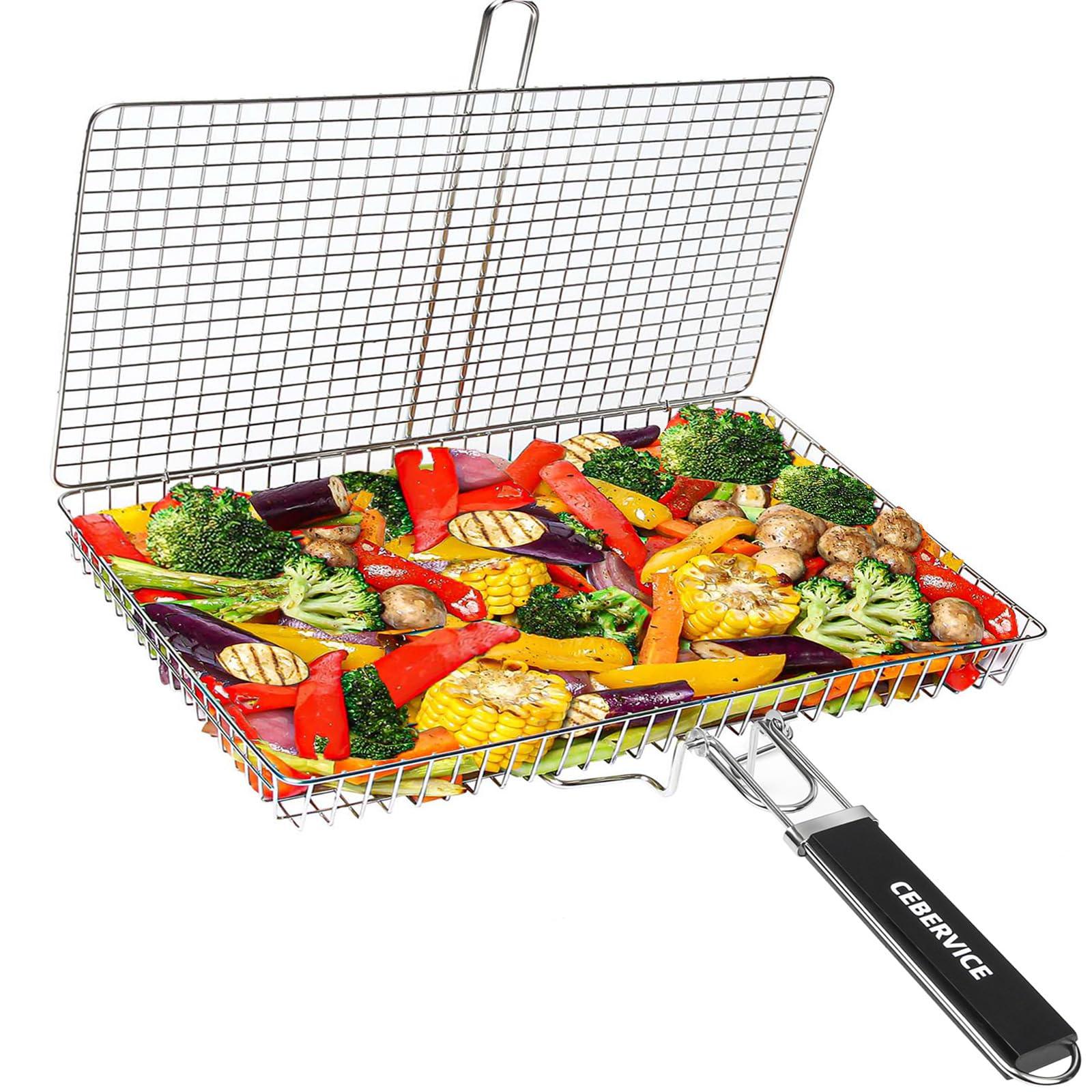 CEBERVICE Grill Basket Extra Large, SUS304 Stainless Steel, Portable Folding BBQ Camping Grilling Rack for Fish, Vegetables, Shrimp, Barbeque Griller Cooking Accessories, Grilling Gifts for Men, Dad - CookCave