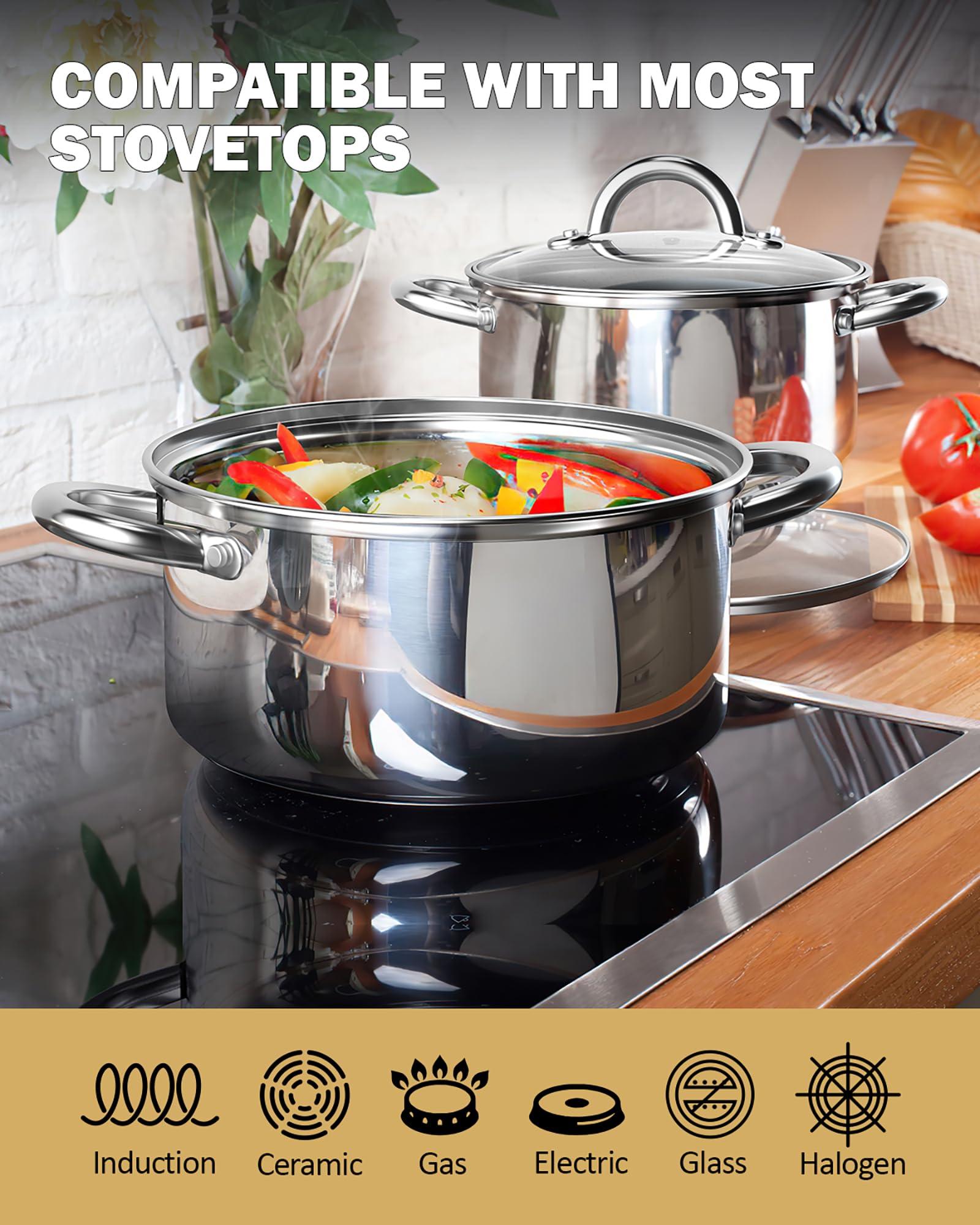 Cook N Home Sauce Pot Stainless Steel Stockpot with Glass Lid, Basic Saucier Casserole Pan Set, 6-Piece - CookCave