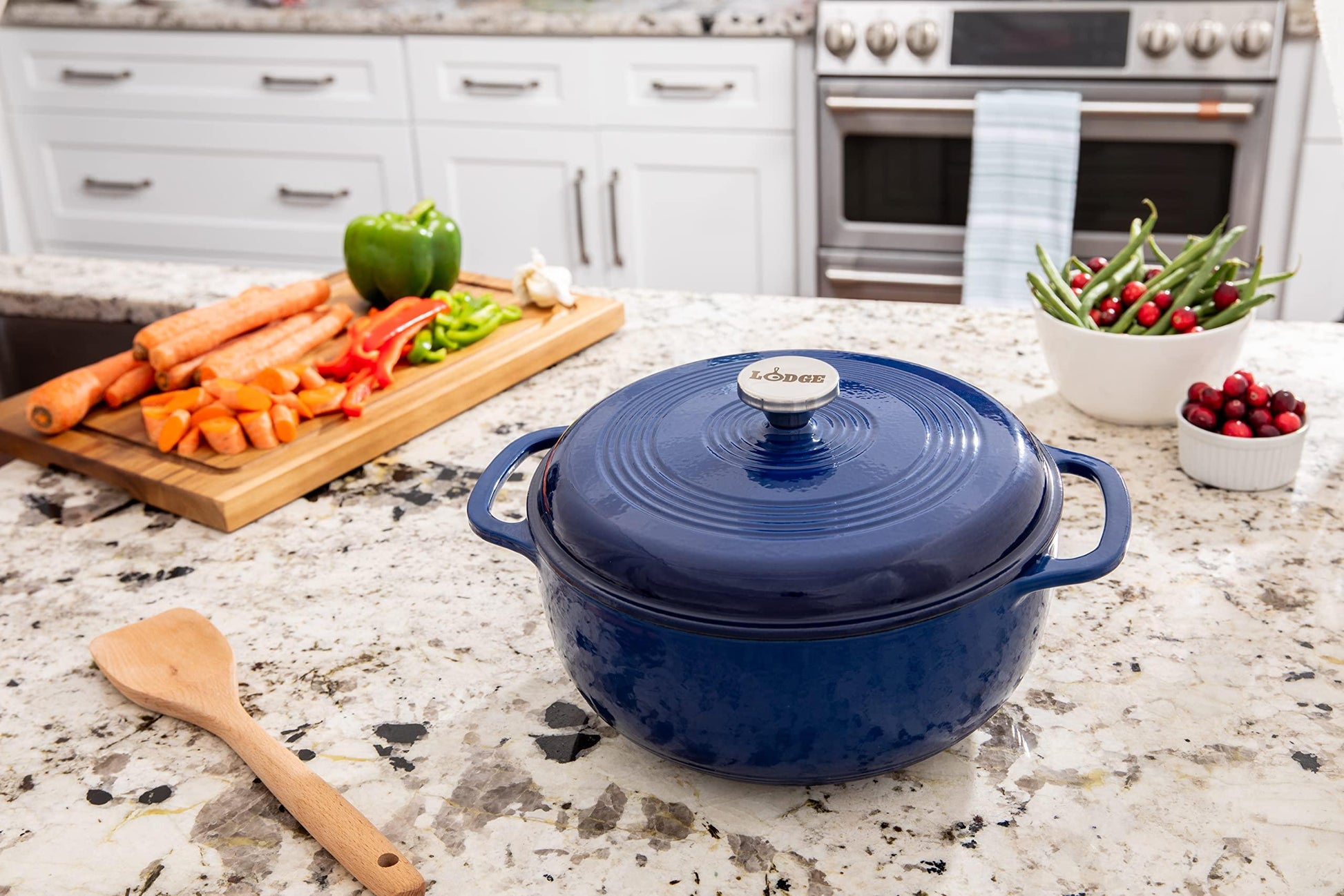 Lodge 6 Quart Enameled Cast Iron Dutch Oven with Lid – Dual Handles – Oven Safe up to 500° F or on Stovetop - Use to Marinate, Cook, Bake, Refrigerate and Serve – Indigo - CookCave