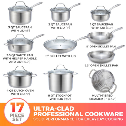 Mueller Pots and Pans Set 17-Piece, Ultra-Clad Pro Stainless Steel Cookware Set, Ergonomic EverCool Handle, Includes Saucepans, Skillets, Dutch Oven, Stockpot, Steamer More - CookCave