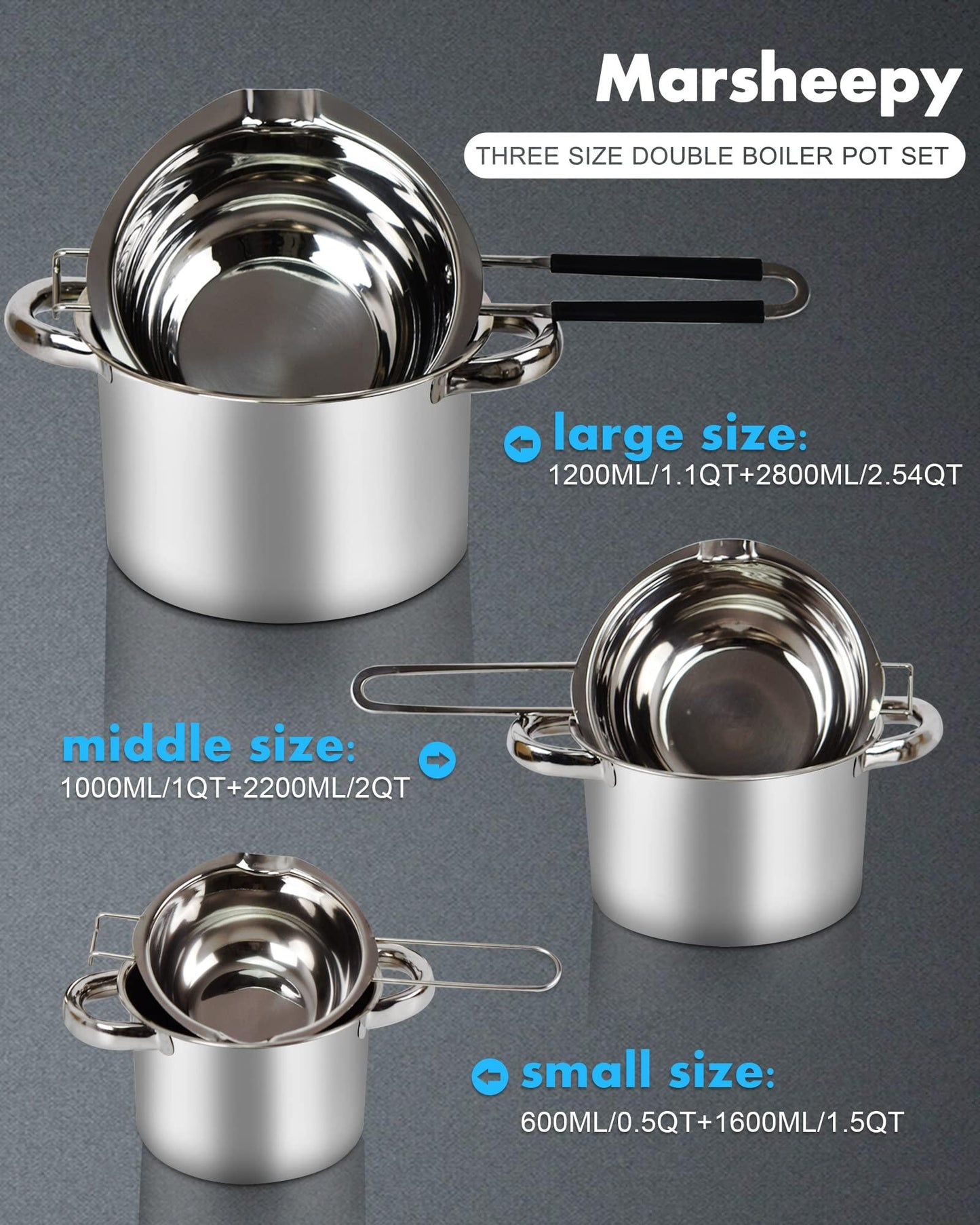 Double Boiler Pot Set,1200ML/1.1QT Double Boiler for Chocolate Melting, 2800ML/2.54QT 304 Stainless Steel Pot With Silicone Spatula for Melting Chocolate, Candy, Candle, Soap, Wax - CookCave