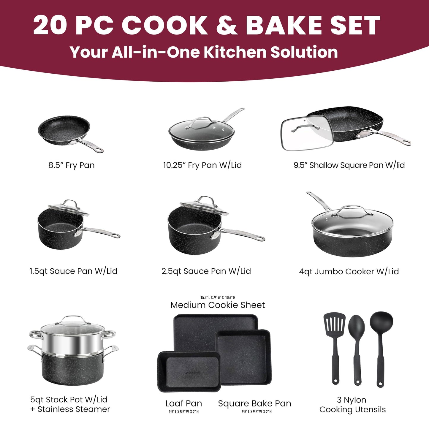 Granitestone 20 Pc Pots and Pans Set Non Stick Cookware Set, Kitchen Cookware Sets, Pot and Pan Set, Pot Set, Diamond Coated Non Stick Pots and Pans Set with Lids + Utensils, Dishwasher Safe… - CookCave