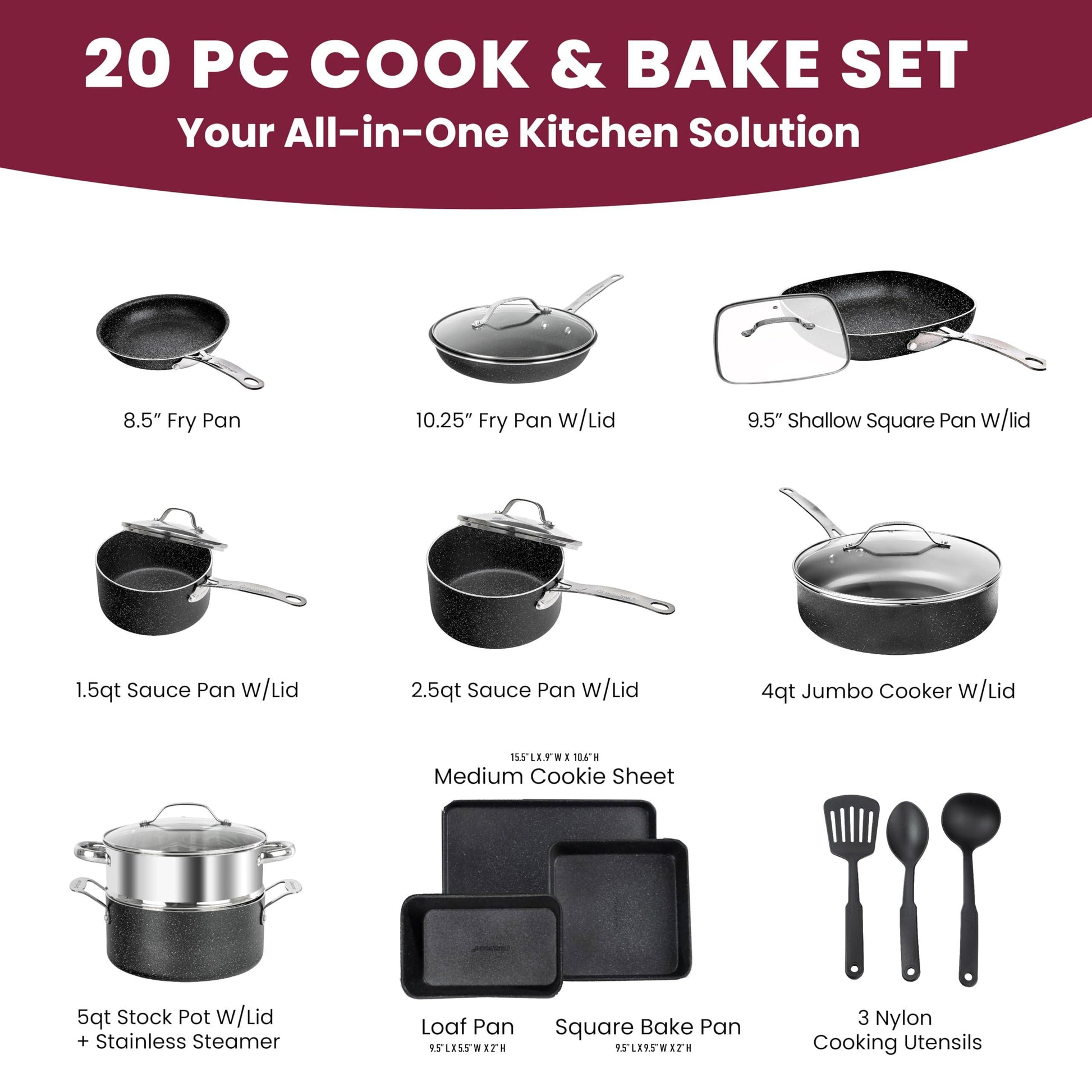 Granitestone 20 Pc Pots and Pans Set Non Stick Cookware Set, Kitchen Cookware Sets, Pot and Pan Set, Pot Set, Diamond Coated Non Stick Pots and Pans Set with Lids + Utensils, Dishwasher Safe… - CookCave