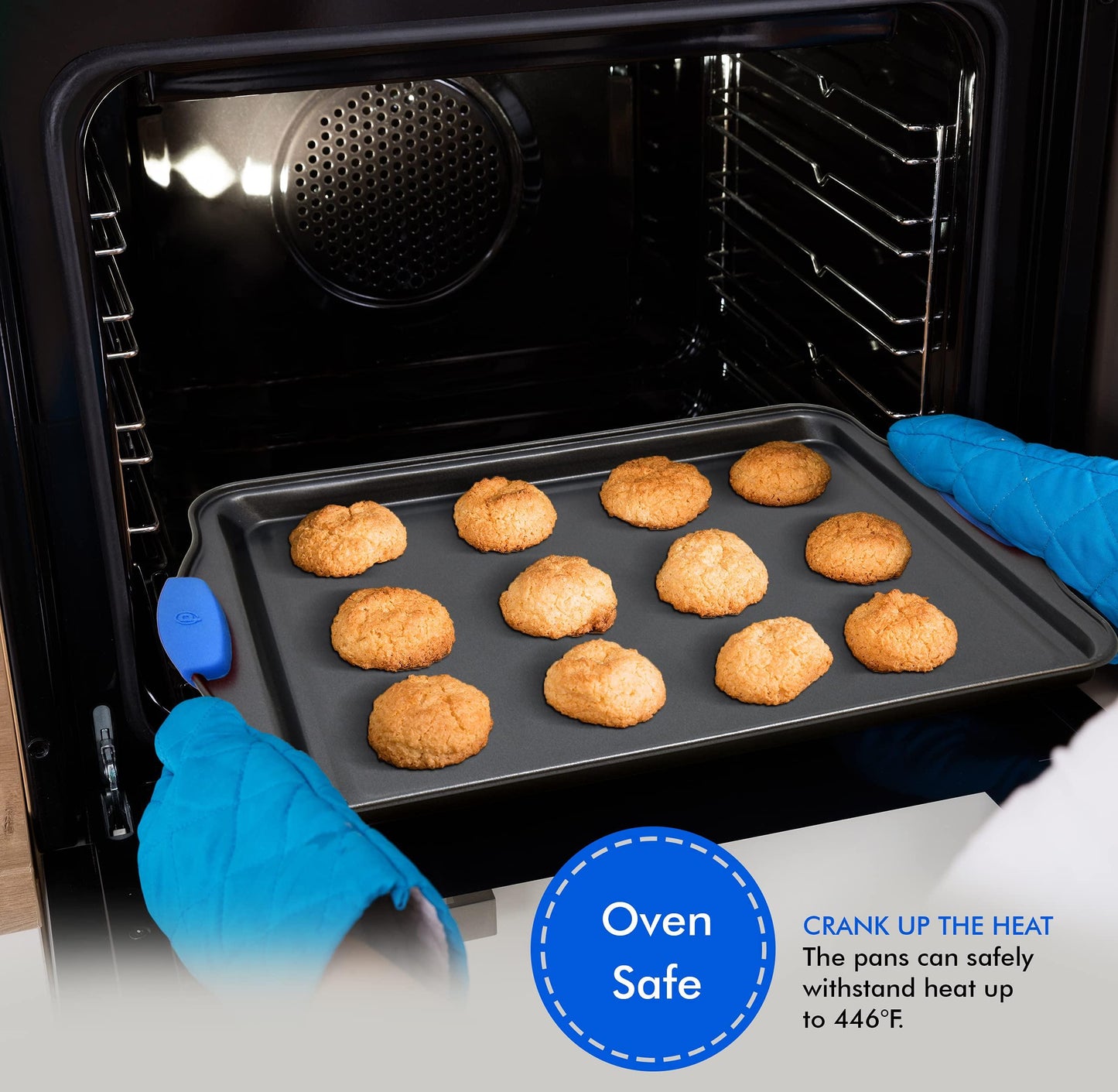 Perlli Cookie Sheets for Baking Non Stick Oven Pan Tray Baking Sheet 3-Piece Set (Small, Medium & Large) Carbon Steel BPA Free Cooking and Baking Trays for Cakes and Cookies with Blue Silicone Grips - CookCave