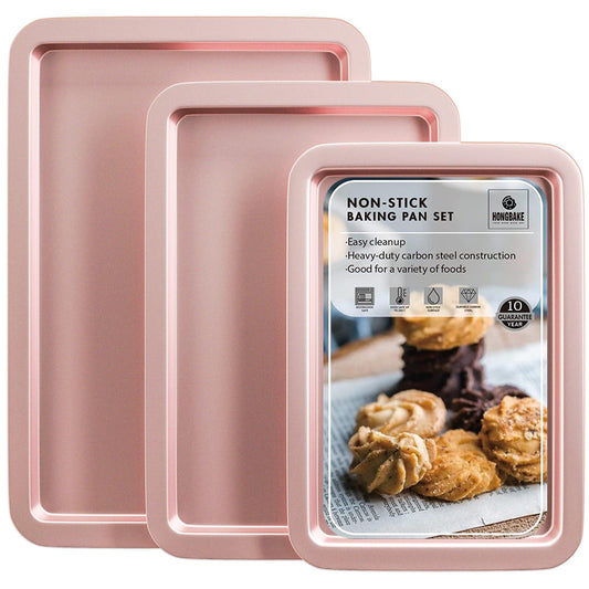 HONGBAKE Baking Sheet Pan Set, Cookie Sheet for Oven, Nonstick Bakeware Sets with Wider Grips, 3 Pack Half/Jelly Roll/Quarter Baking Tray, Premium, Dishwasher Safe-Pink - CookCave