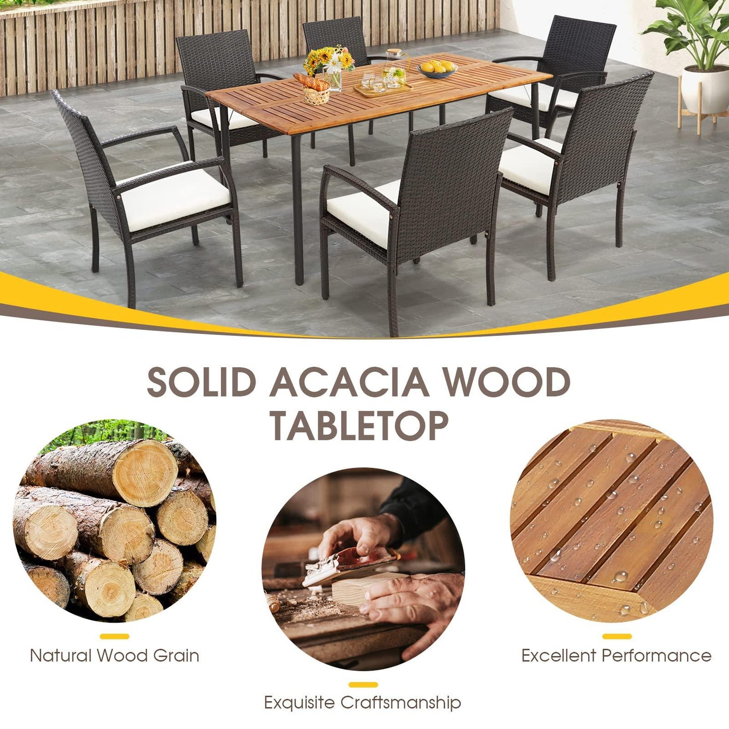 Tangkula Patio Acacia Wood Dining Table for 6 Persons, Large Rectangular Dining Table with Metal Legs, Umbrella Hole, Farmhouse Indoor Outdoor Dining Furniture for Yard Deck Lawn, 63”L x 36”W x 30”H - CookCave