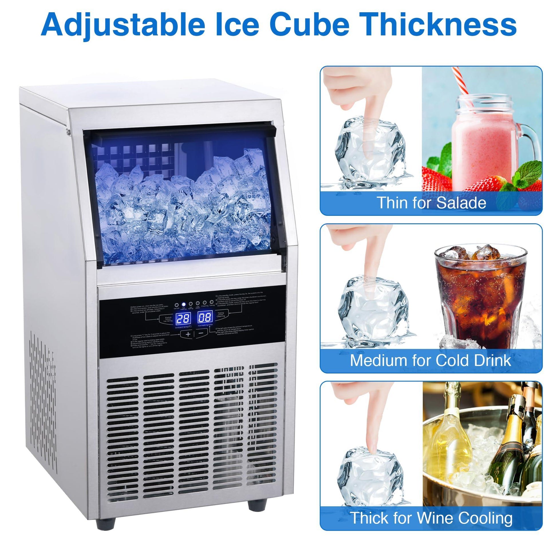 Zomagas Commercial Ice Maker Machine, 80-90LBS/24H Under Counter Ice Maker, Stainless Steel Freestanding Ice Machine with 28LBS Bin, Self-Cleaning, Scoop, Ideal for Home Bar Offices - CookCave