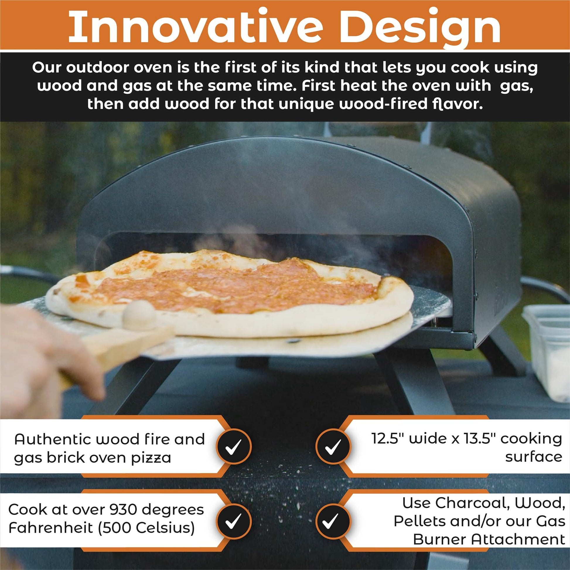 Bertello Outdoor Pizza Oven Bundle-Gas & Wood Simultaneously-Portable Brick Oven Portable Pizza Maker With Gas Burner, Peel, Wood Tray, Cover & Thermometer - As Featured on SHARK TANK - Easy to Use - CookCave