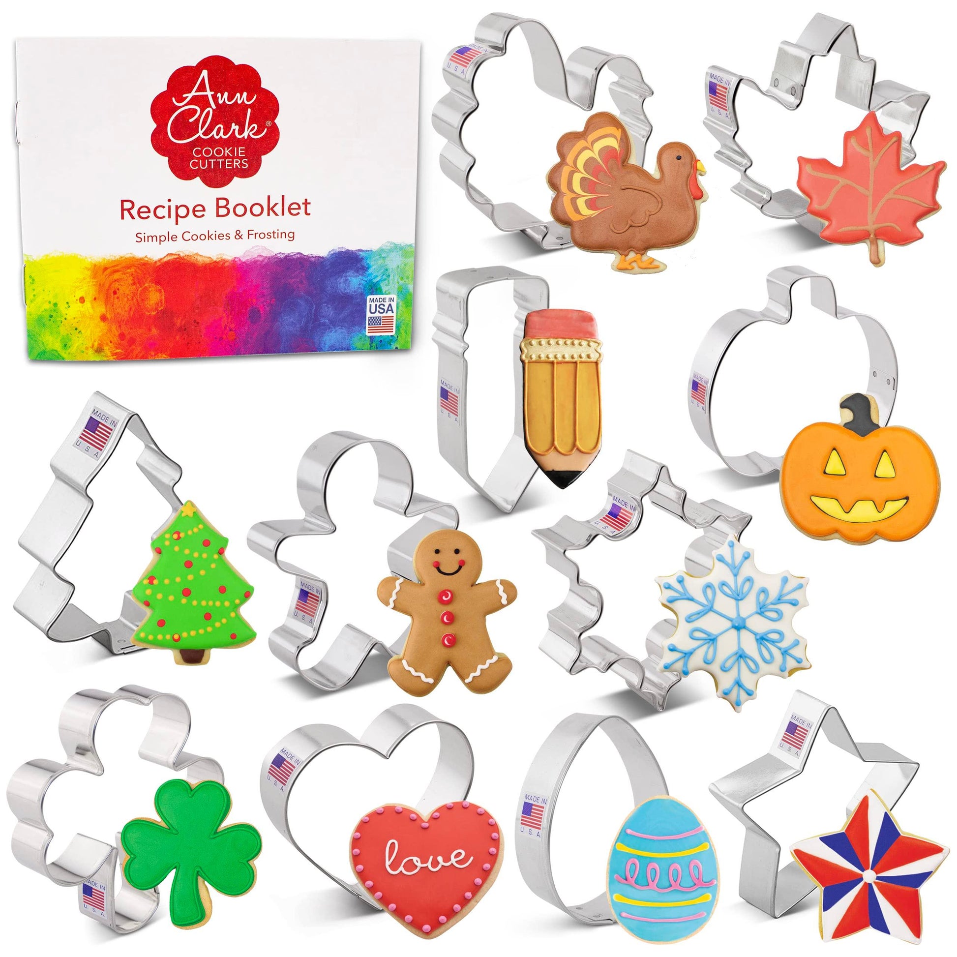 Cookie Cutters for Christmas and Every Season: 11-pc. Christmas, Easter, Halloween, St. Patrick's Day & More Made in USA by Ann Clark Cookie Cutters - CookCave
