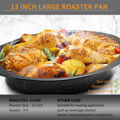 JY COOKMENT Granite Roaster Pan, Small 13” Enameled Roasting Pan with Domed Lid. Oval Turkey Roaster Pot, Broiler Pan Great for Small Chicken, Lamb. Dishwasher Safe Cookware Fit for 7Lb Bird - CookCave