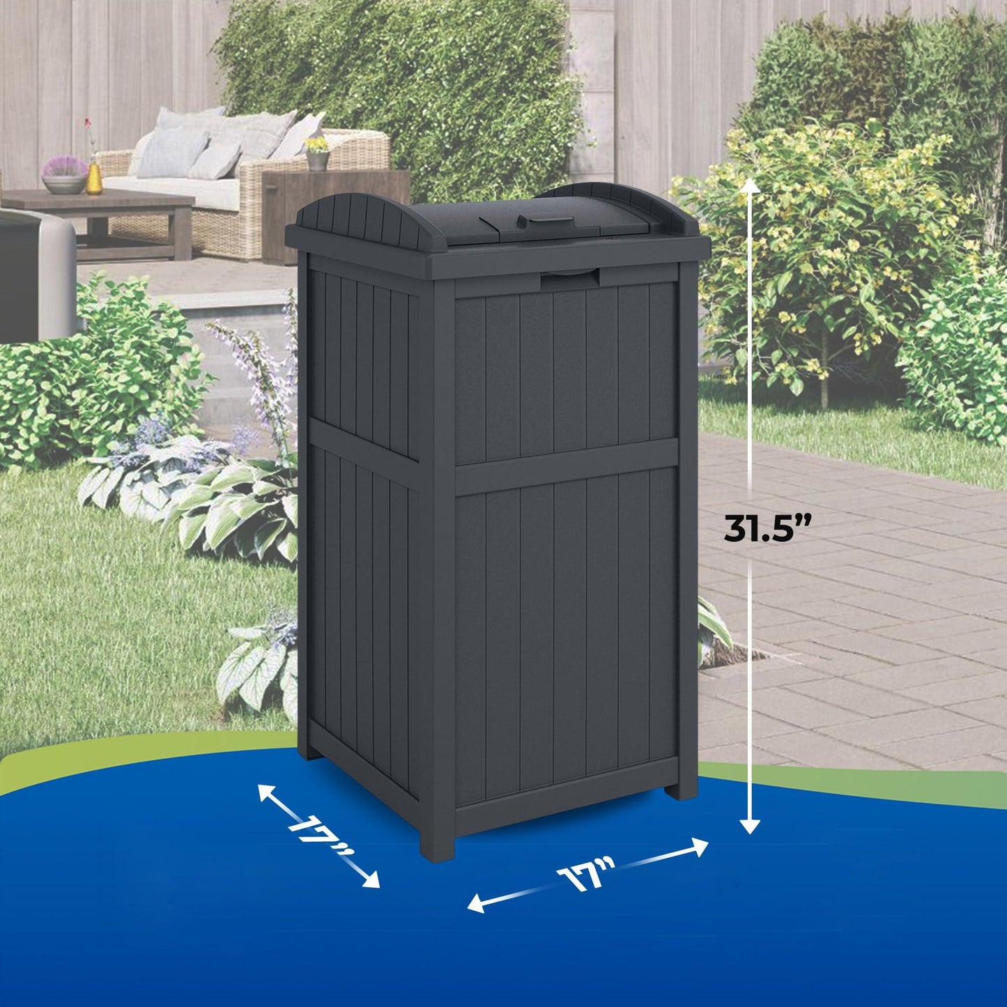 Suncast Trash Hideaway 33 Gallon Rectangular Garbage Trash Can Bin with Secure Latching Lid and Solid Bottom Panel for Outdoor Use, Cyberspace - CookCave