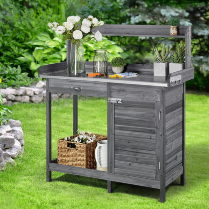 Yaheetech Outdoor Potting Bench Table, Garden Workstation w/Metal Tabletop/Cabinet Drawer/Open Top/Lower Shelf/Handy Hooks for Horticulture,Gray - CookCave