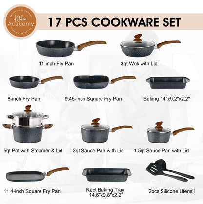 Kitchen Academy Induction Cookware Set-17 Piece Non-stick Cooking Pan Set, Black Granite Pots and Pans Set - CookCave