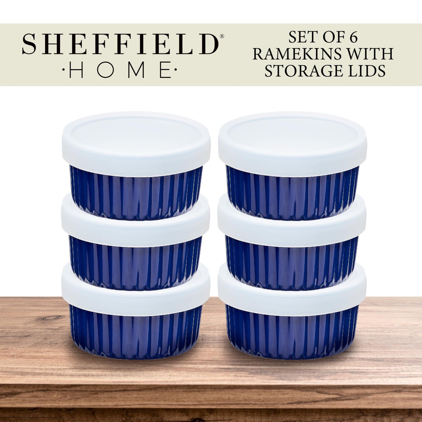 Sheffield Home Ramekin Set - Elevate Culinary Creations with 6 Round Ceramic Bowls (8oz), Oven-Safe Cups for Pudding, Creme Brulee, Souffle. Includes Silicone Lids, Dishwasher & Microwave Safe - Blue - CookCave