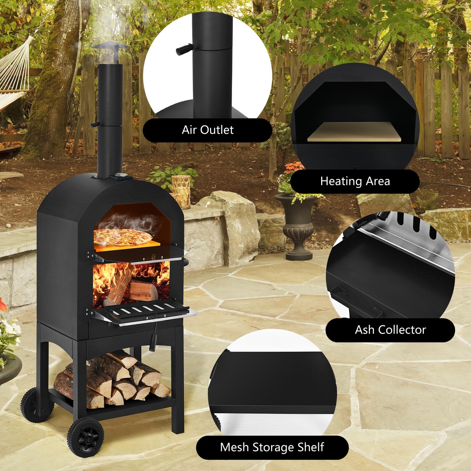 COSTWAY Outdoor Pizza Oven, Wood Fired Pizza Oven for Outside, Patio Pizza Grill with Pizza Stone, Pizza Peel, and Waterproof Cover for Backyard Camping - CookCave