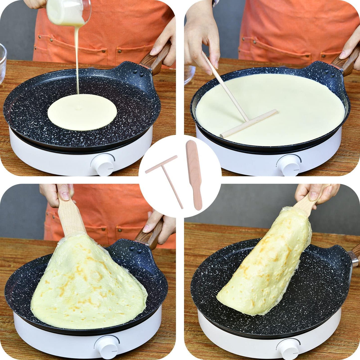 Non Stick Crepe Pan with Spreader Spatula, 11 inch PFOA-Free Granite Dosa Pan, Flat Skillet Grill Pan Comal for Tortillas, Omelette, Pancake Induction Bottom for Glass, Ceramic, Gas Stove Top - CookCave