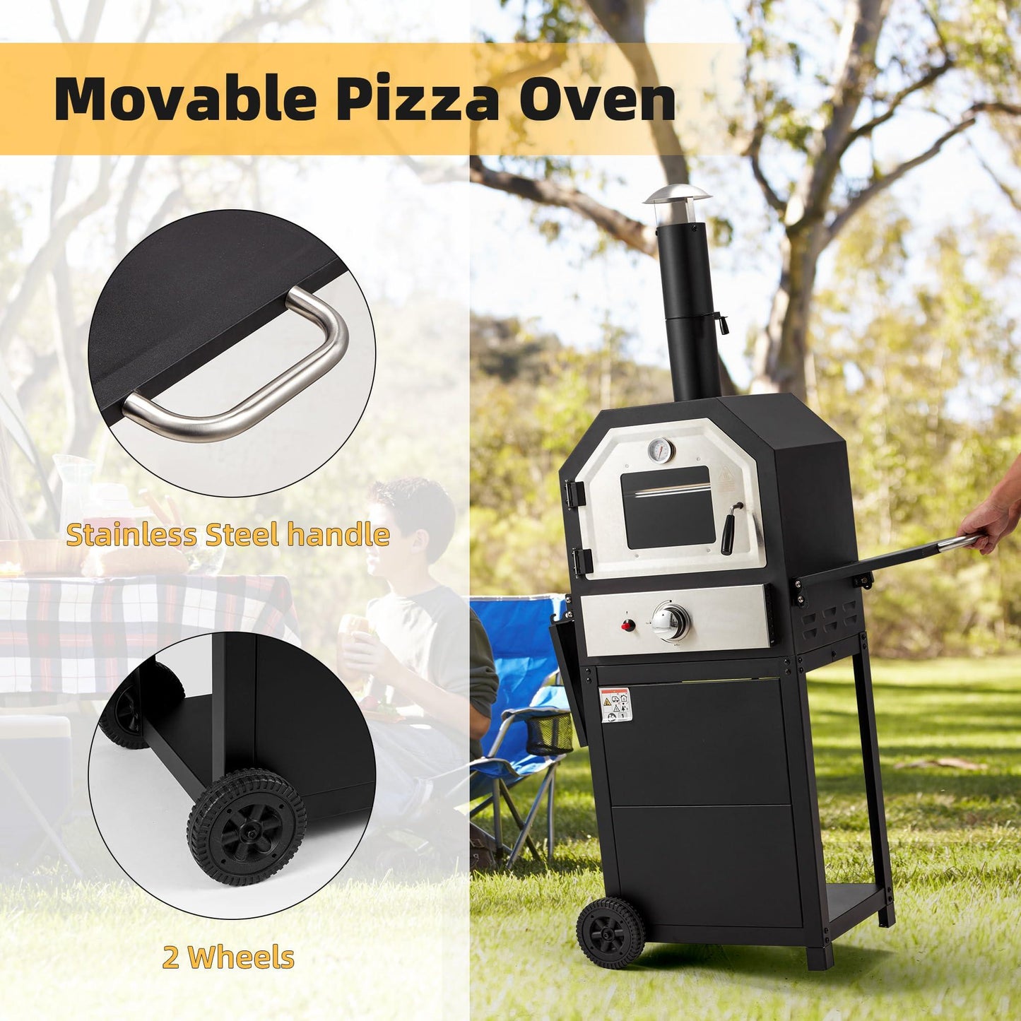 Vicluke 12" Outdoor Pizza Oven, Gas Pizza Oven CSA Approved, Portable Propane Pizza Oven, 2-Layer Smokeless BBQ Oven with Wheels, Foldable Shelf with Handle for Outdoor, Camping - CookCave