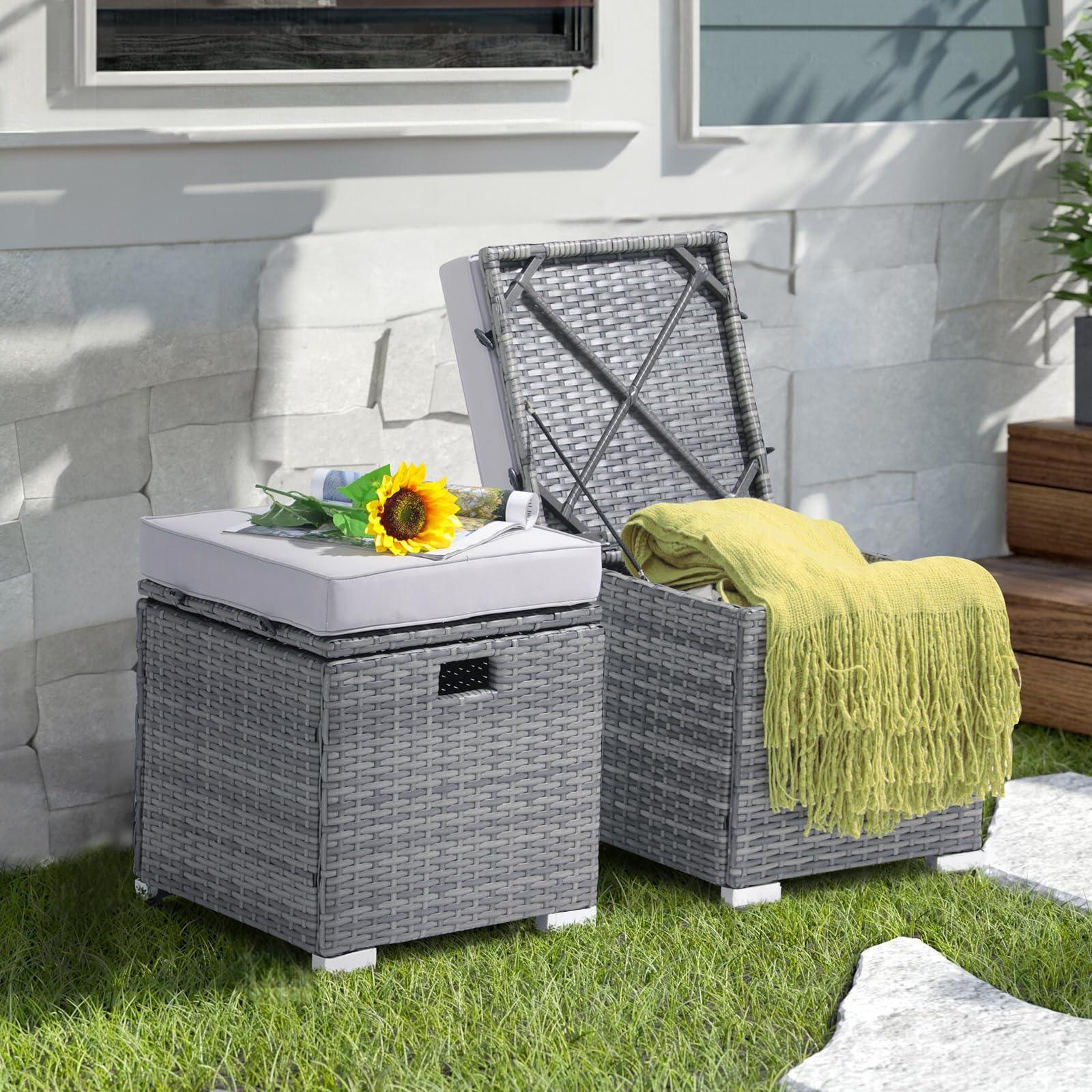 Patiorama 2 Piece Outdoor Patio Ottomans,All-Weather Grey PE Rattan Wicker Ottoman with Storage,Outdoor Footrest Footstool Seat w/Thick Cushion,Built-in Handle for Backyard Poolside Porch (Light Grey) - CookCave