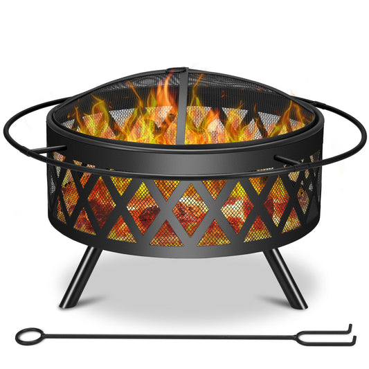 Antifir 29 inch Fire Pit Outdoor Wood Burning,Round Metal Fire Pit for Backyard Patio Campfire Camping Picnic with Spark Screen Fire Poker,Black - CookCave