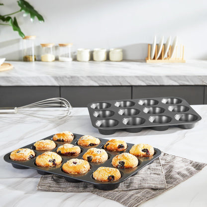 HONGBAKE Muffin Pan for Baking, Nonstick Cupcake Tin 12 Cup, 2 Pack Cup Cake Tray, Premium Cheesecake Pans, Dishwasher Safe - Dark Grey - CookCave