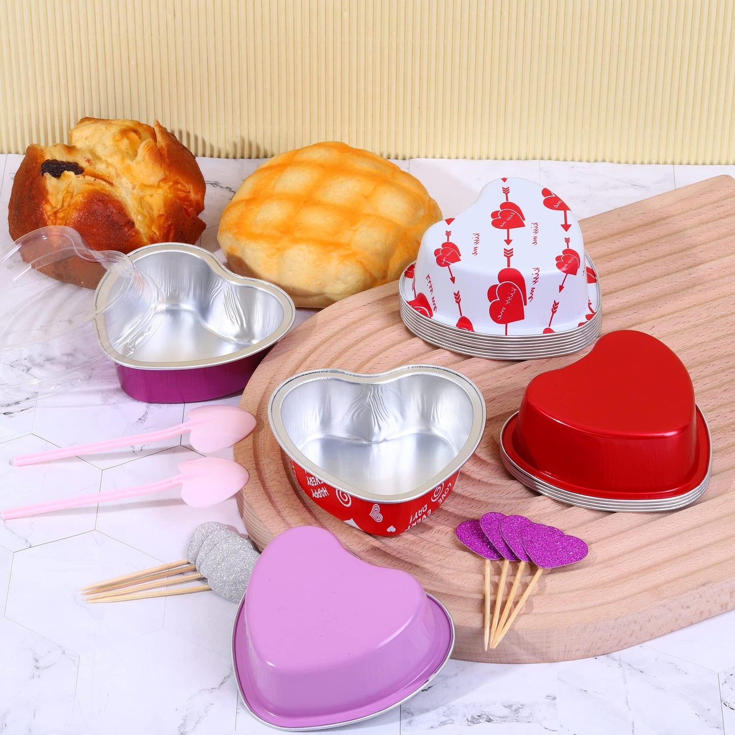 Fovths Valentine's Day Aluminum Foil Cake Pan with Lids, 3.4oz/100 ml Disposable Heart Shaped Cake Pans with Heart Spoons & Love Cupcake Topper for Valentine's Day, Mother's Day, Wedding-Set of 60 - CookCave