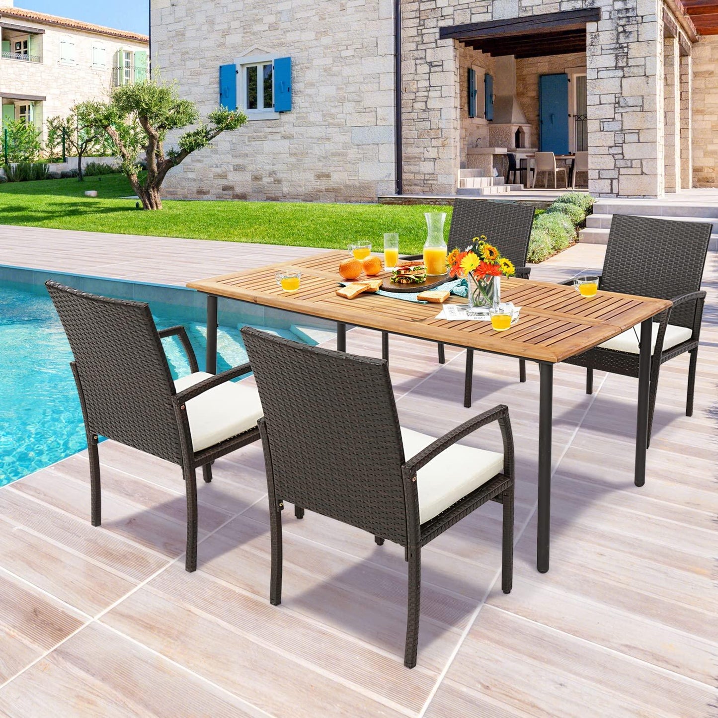 Tangkula Patio Acacia Wood Dining Table for 6 Persons, Large Rectangular Dining Table with Metal Legs, Umbrella Hole, Farmhouse Indoor Outdoor Dining Furniture for Yard Deck Lawn, 63”L x 36”W x 30”H - CookCave