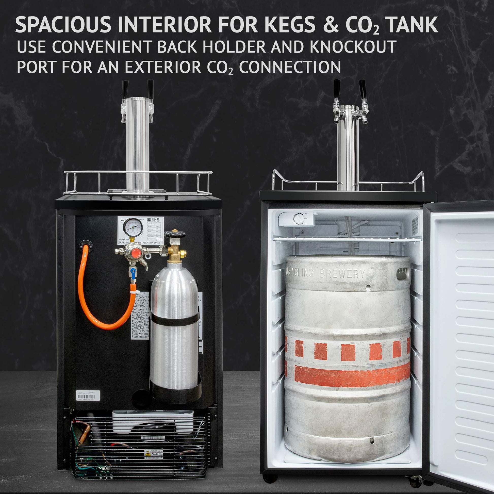 Ivation Full Size Kegerator | Dual Tap Draft Beer Dispenser & Universal Beverage Cooler | Mounted CO2 Cylinder, Temperature Control, Drip Tray & Rail | Fits 1/2 Keg, 1/4 Pony Keg, (2) 1/6 Kegs (Black) - CookCave