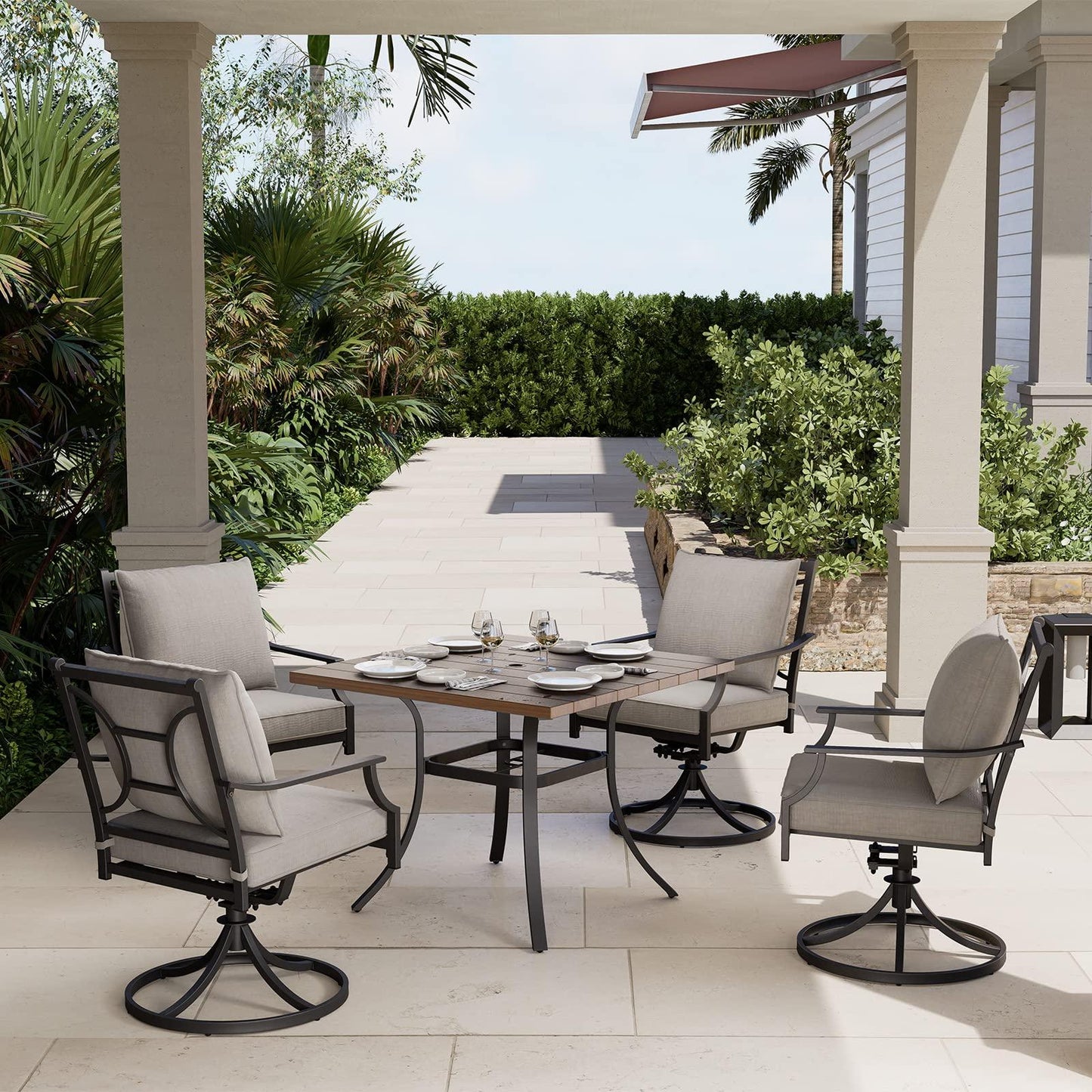 Grand patio 5-Piece Patio Dining Set for 4, Outdoor Furniture Dinning Set for 4 Patio Swivel Dining Chairs with Olefin Cushions 1 Square Dining Faux Woodgrain Table with Umbrella Hole, Grey - CookCave