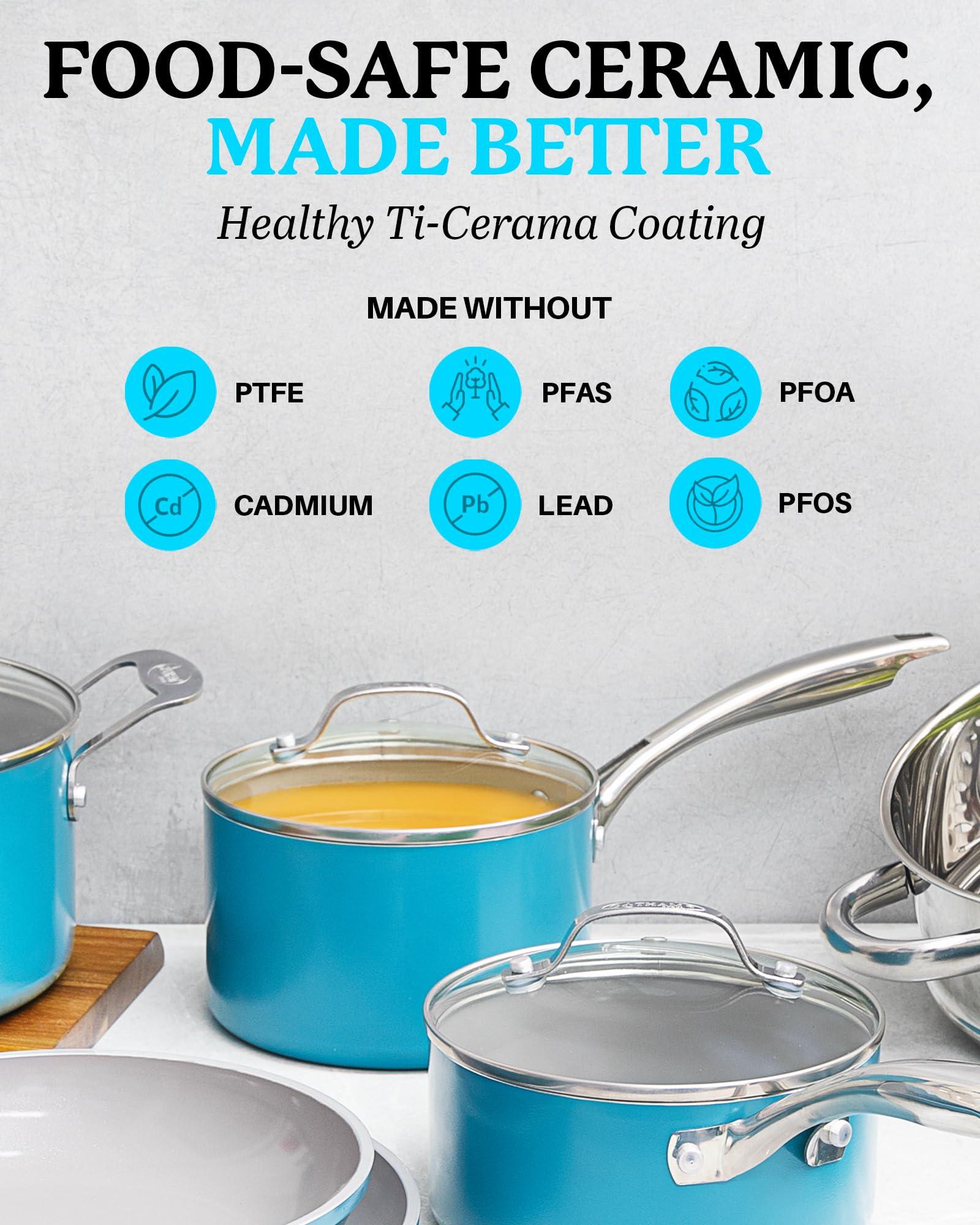 Gotham Steel Aqua Blue Pots and Pans Set, 12 Piece Nonstick Ceramic Cookware, Includes Frying Pans, Stockpots & Saucepans, Stay Cool Handles, Oven & Dishwasher Safe, 100% PFOA Free, Turquoise - CookCave