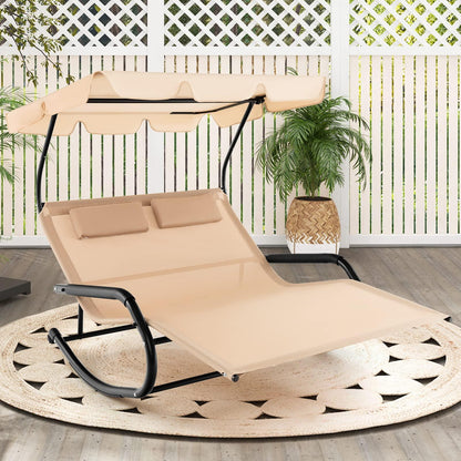 Tangkula 2 Person Lounge Chair with Adjustable Canopy, Outdoor Chaise Lounge with 2 Detachable Pillows and Wheels, Extra Large Double Patio Hammock Bed Swing for Backyard, Poolside - CookCave