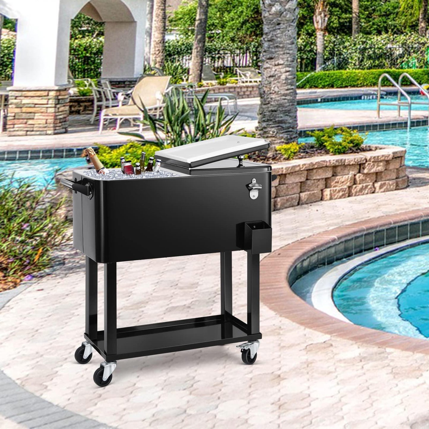 EDOSTORY 80 Quart Black Rolling Ice Chest Cooler Cart,Patio Backyard Party Drink Beverage Bar Stand Up Cooler Trolley with Ice Scoop - CookCave