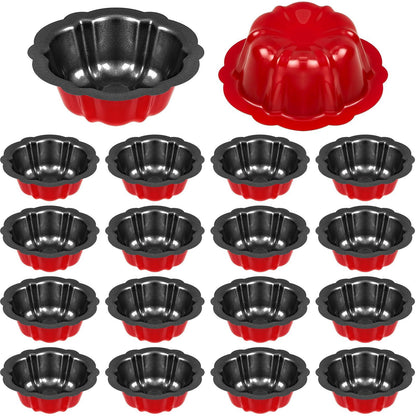 16 Pcs 4 Inches Fluted Mini Cake Pan Nonstick Fluted Cake Pan Carbon Steel Tube Pan Metal Tube Oven Baking Mold with Flower Shape for Cupcake (Red) - CookCave