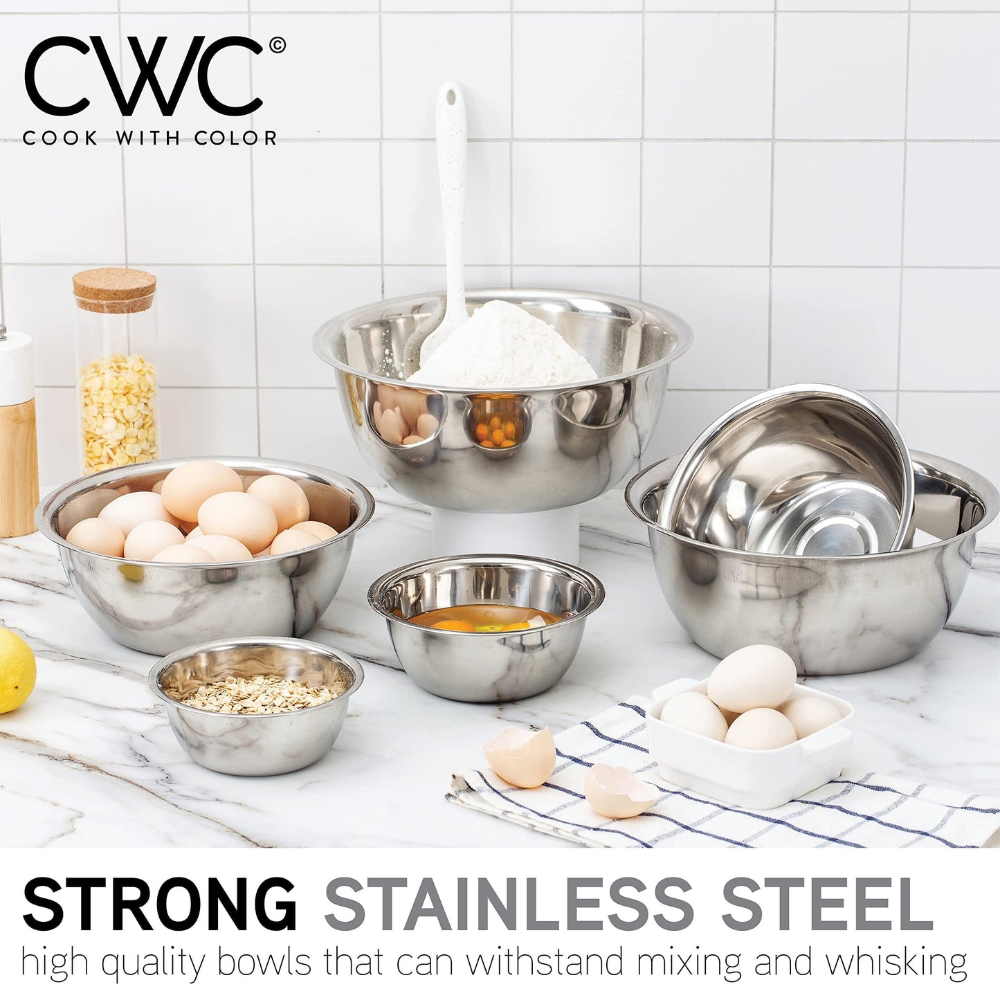 COOK WITH COLOR Stainless Steel Mixing Bowls - 6 Piece Stainless Steel Nesting Bowls Set includes 6 Prep Bowl and Mixing Bowls - CookCave