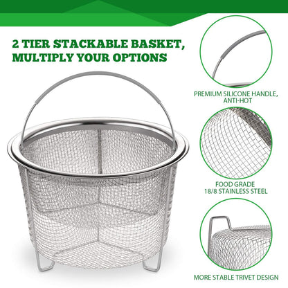 AOZITA Steamer Basket for Instant Pot Accessories 6 qt or 8 quart - 2 Tier Stackable 18/8 Stainless Steel Mesh - Silicone Handle - Vegetable Steamer Insert, Egg Basket, Pasta Strainer,Silver - CookCave