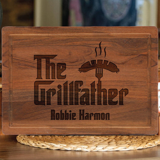 The Grillfather Wood Cutting Board, Christmas Gift Idea, BBQ Gift, Personalized Gift for Men, Dad, Grandpa, Custom Engraved Cutting Board, Father's or Grandpa's Birthday Gift, Grill Master - CookCave