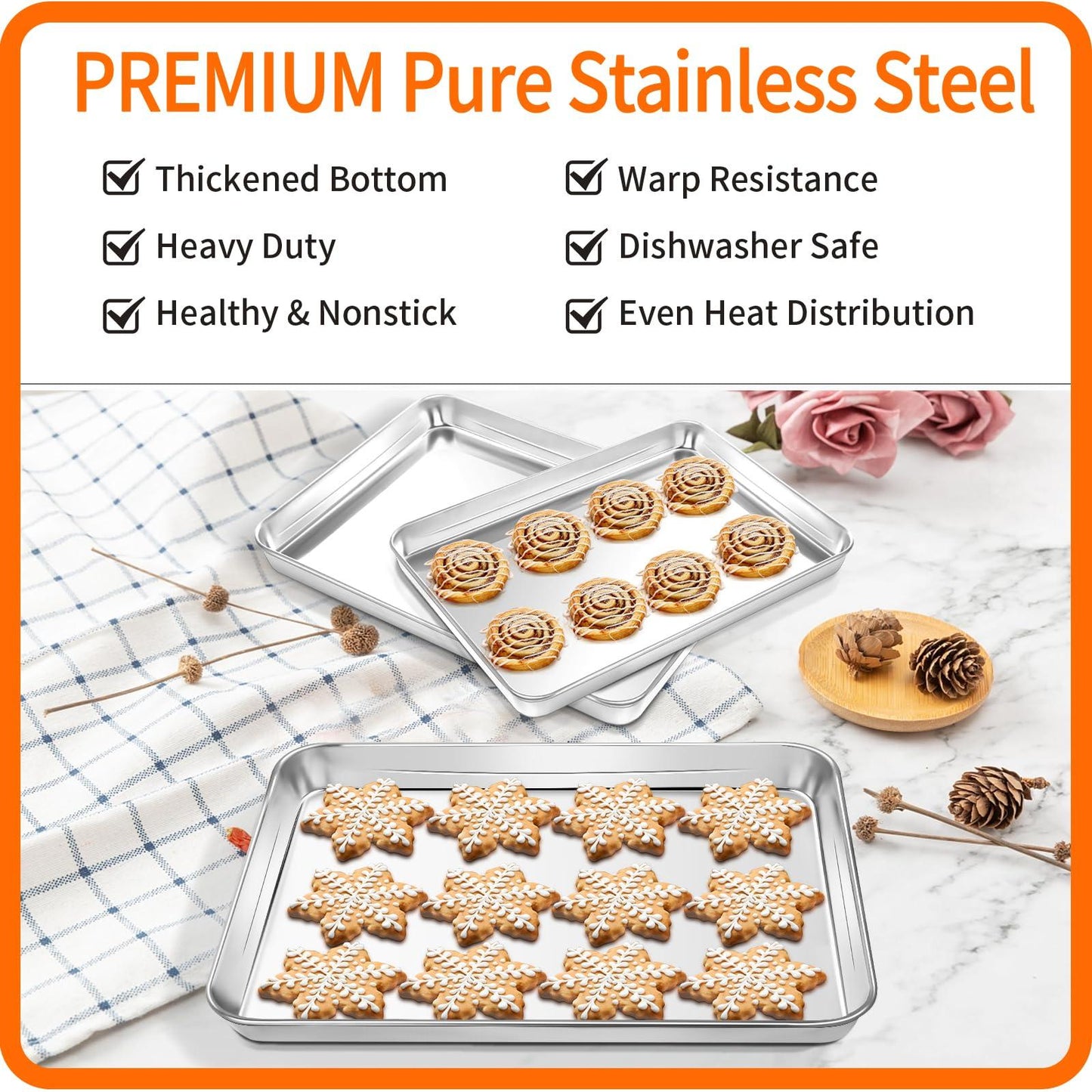 Fire More Baking Sheet Tray Set of 3, Stainless Steel Pan, Nonstick Cookie Sheets for Baking, 9/12/16 Inch, Heavy Duty & Easy Clean-Baking Supplies for Oven, Small/Quarter/Jelly Roll Sheet Pan - CookCave