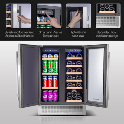 BODEGA 24 Inch Beverage and Wine Cooler, Built-in and Freestanding Wine Beverage Refrigerator Dual Zone, Holds 57 Cans and 18 Bottles, with Independent Temperature Control,Upgraded Compressor Quiet - CookCave