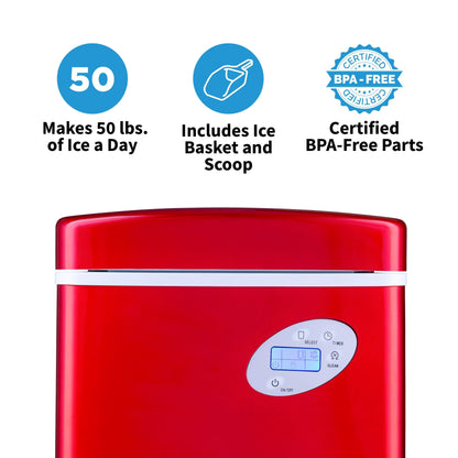 NewAir Portable Ice Maker 50 lb. Daily | Red | 3 Size Bullet Shaped Ice | First Batch Under 10 Minutes | Self Cleaning Quiet Operation Countertop Ice Machine | AI-215R - CookCave